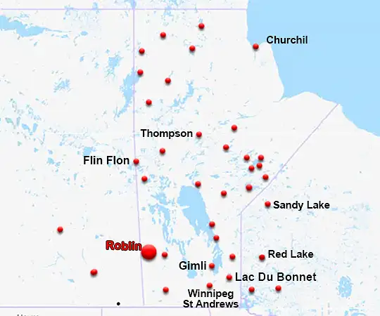 Map showing the location of Roblin in Manitoba